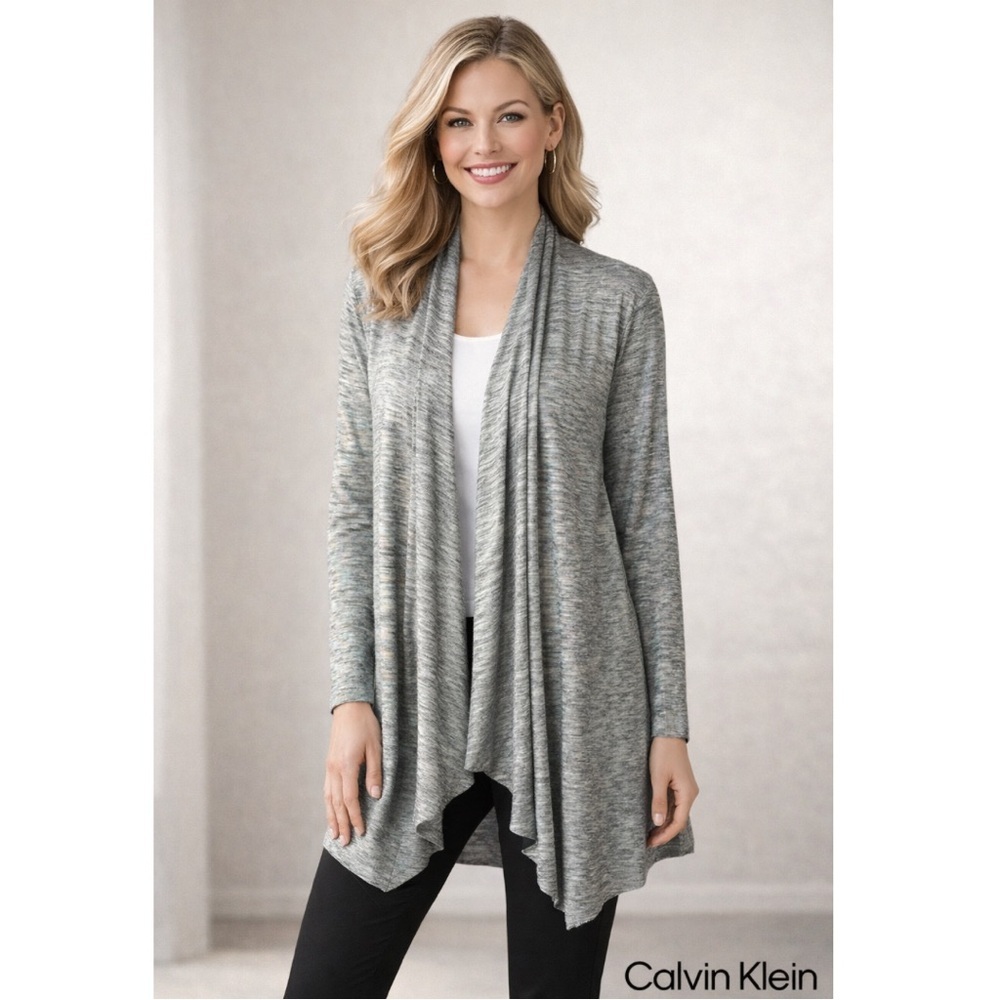 Calvin Klein Gray Metallic Open Cardigan Long Sweater Large 10 12 stretch